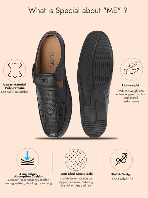 Shop FAUSTO Men Black Back Open Perforated Breathable Casual Sandal With Cushioned Footbed|Adujstable Strap Stitched Slip On Sandal For Work|Evening Online.