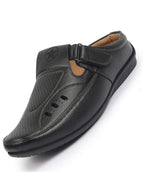 FAUSTO Men Black Back Open Perforated Breathable Casual Sandal With Cushioned Footbed|Adujstable Strap Stitched Slip On Sandal For Work|Evening