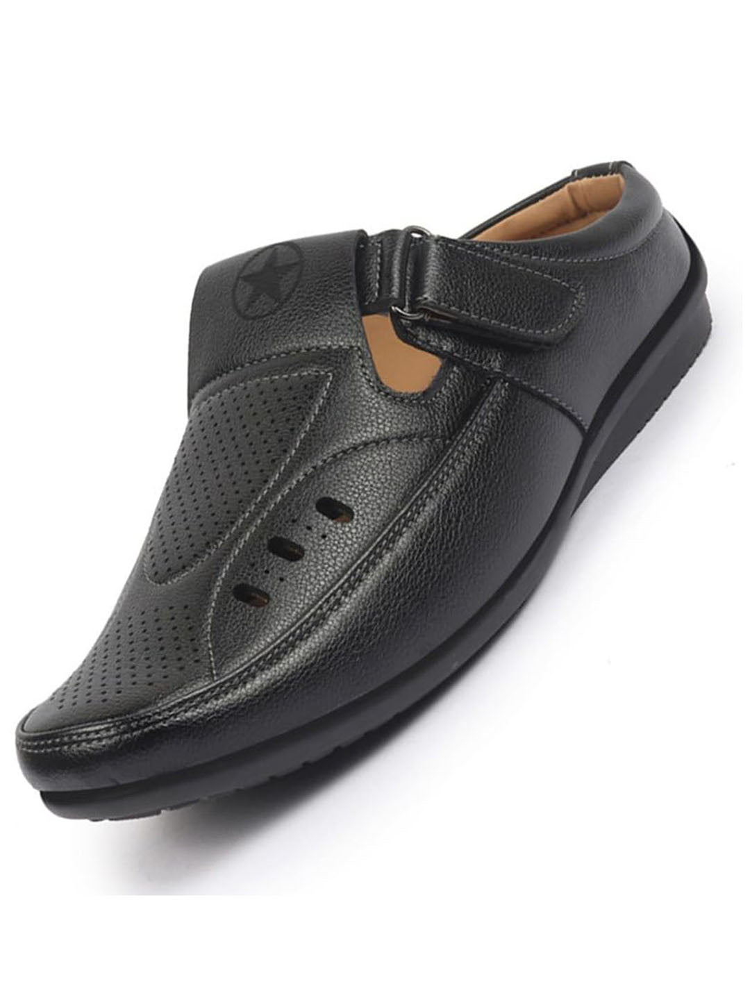 FAUSTO Men Black Back Open Perforated Breathable Casual Sandal With Cushioned Footbed|Adujstable Strap Stitched Slip On Sandal For Work|Evening