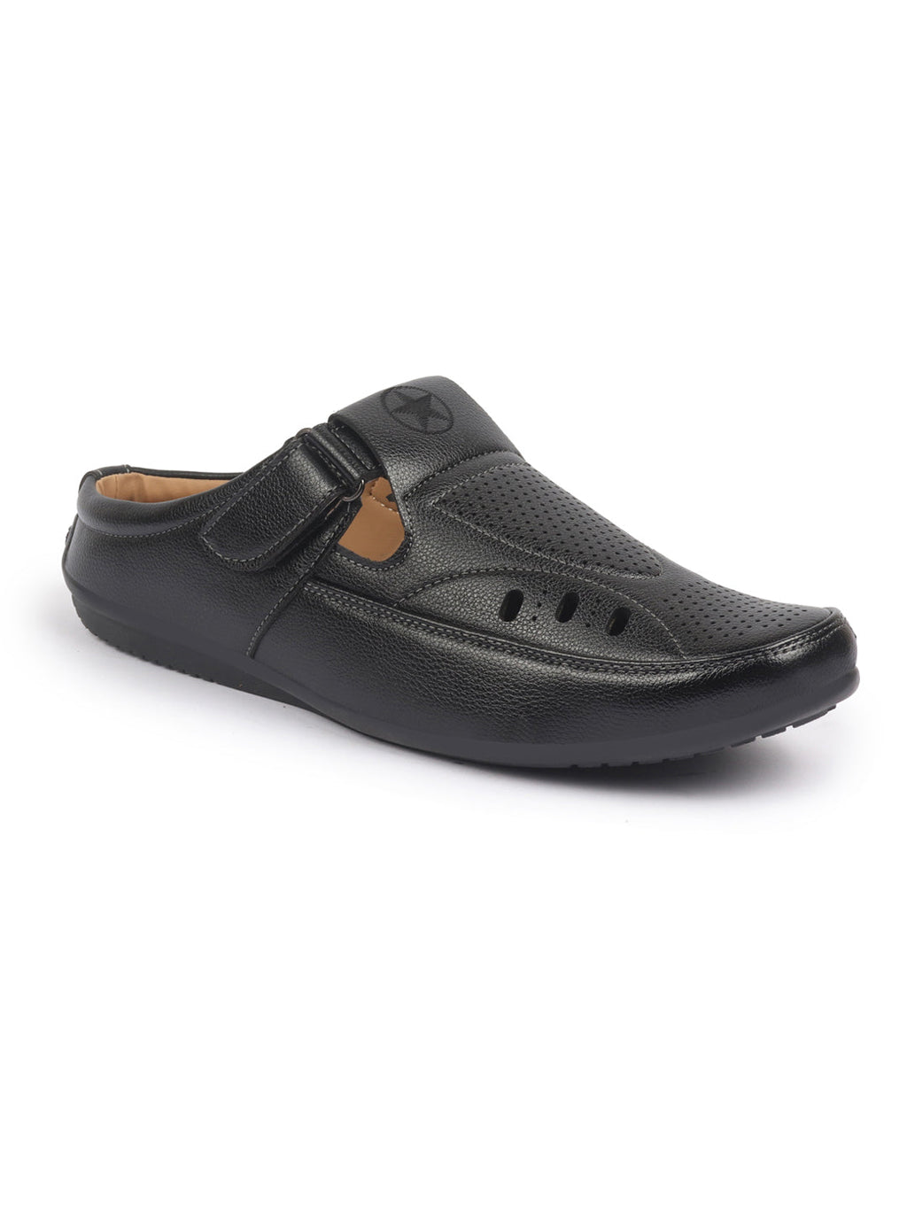 Shop FAUSTO Men Black Back Open Perforated Breathable Casual Sandal With Cushioned Footbed|Adujstable Strap Stitched Slip On Sandal For Work|Evening Online.