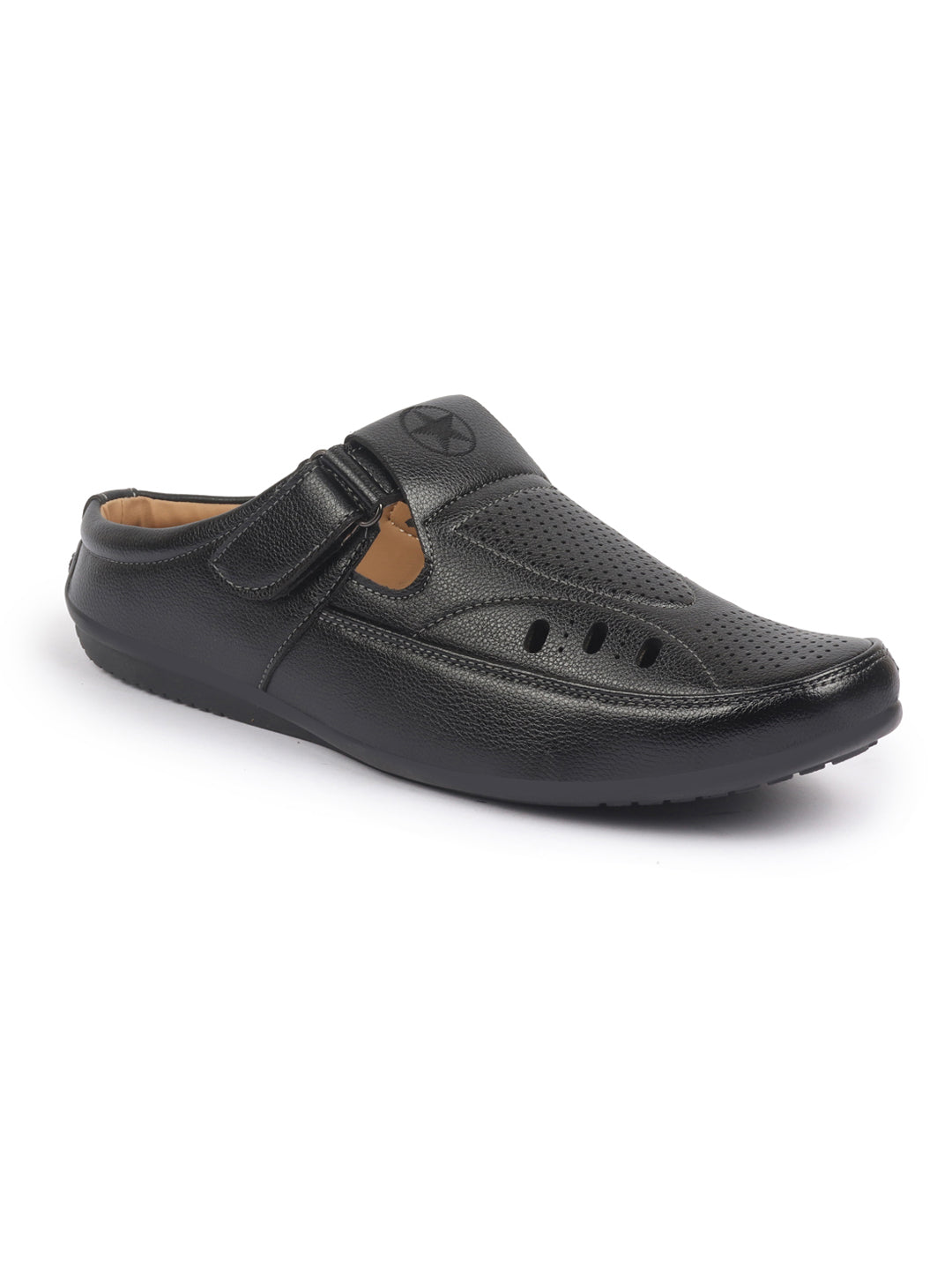 Shop FAUSTO Men Black Back Open Perforated Breathable Casual Sandal With Cushioned Footbed|Adujstable Strap Stitched Slip On Sandal For Work|Evening Online.