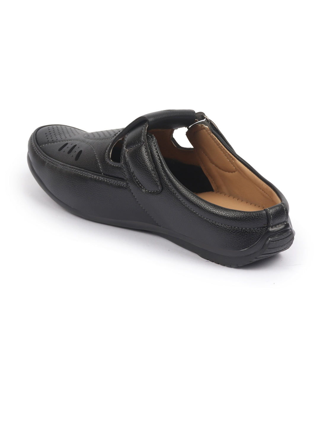 Shop FAUSTO Men Black Back Open Perforated Breathable Casual Sandal With Cushioned Footbed|Adujstable Strap Stitched Slip On Sandal For Work|Evening Online.