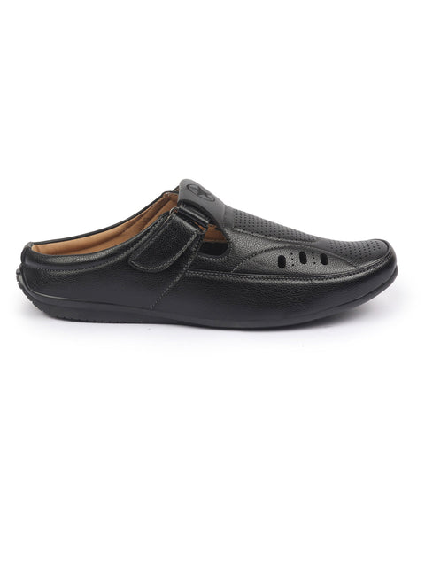 Shop FAUSTO Men Black Back Open Perforated Breathable Casual Sandal With Cushioned Footbed|Adujstable Strap Stitched Slip On Sandal For Work|Evening Online.
