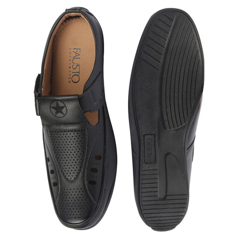 Shop FAUSTO Men Black Back Open Perforated Breathable Casual Sandal With Cushioned Footbed|Adujstable Strap Stitched Slip On Sandal For Work|Evening Online.