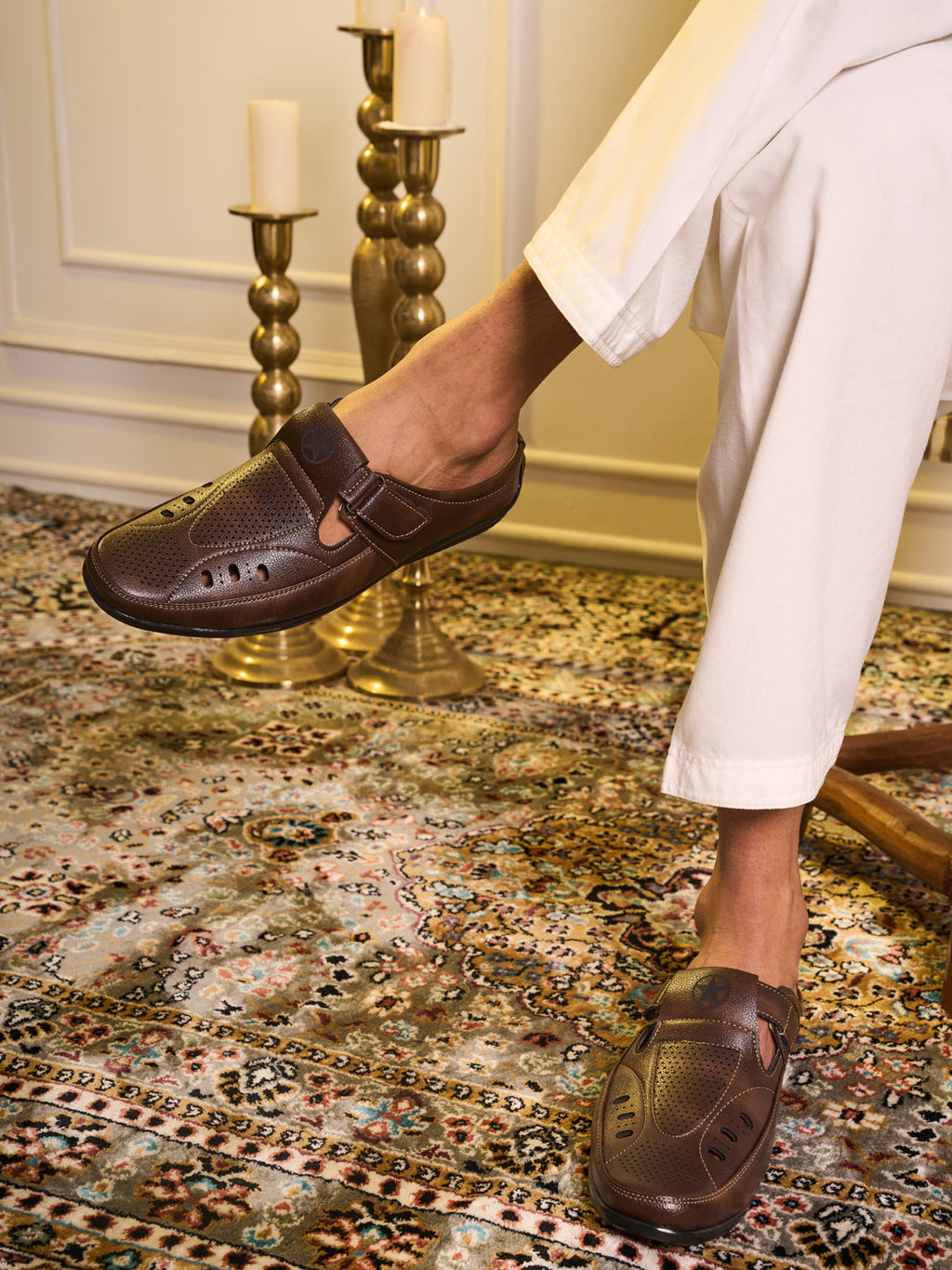 Shop FAUSTO Men Brown Back Open Perforated Breathable Casual Sandal With Cushioned Footbed|Adujstable Strap Stitched Slip On Sandal For Work|Evening Online.