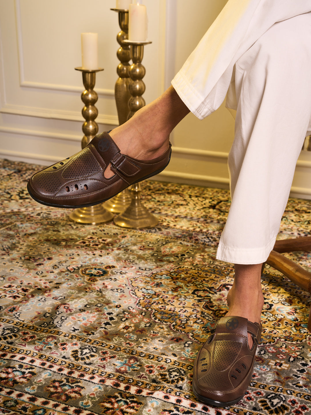 Shop FAUSTO Men Brown Back Open Perforated Breathable Casual Sandal With Cushioned Footbed|Adujstable Strap Stitched Slip On Sandal For Work|Evening Online.
