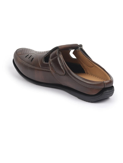 Shop FAUSTO Men Brown Back Open Perforated Breathable Casual Sandal With Cushioned Footbed|Adujstable Strap Stitched Slip On Sandal For Work|Evening Online.