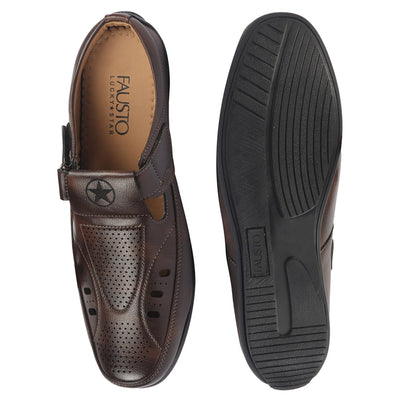 Shop FAUSTO Men Brown Back Open Perforated Breathable Casual Sandal With Cushioned Footbed|Adujstable Strap Stitched Slip On Sandal For Work|Evening Online.