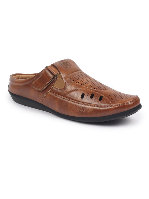 Shop FAUSTO Men Tan Back Open Perforated Breathable Casual Sandal With Cushioned Footbed|Adujstable Strap Stitched Slip On Sandal For Work|Evening Online.