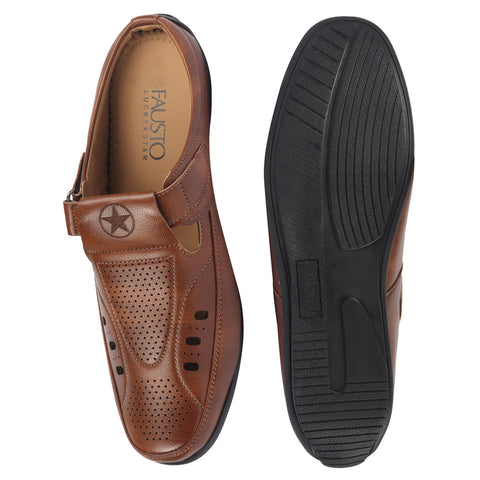 Shop FAUSTO Men Tan Back Open Perforated Breathable Casual Sandal With Cushioned Footbed|Adujstable Strap Stitched Slip On Sandal For Work|Evening Online.