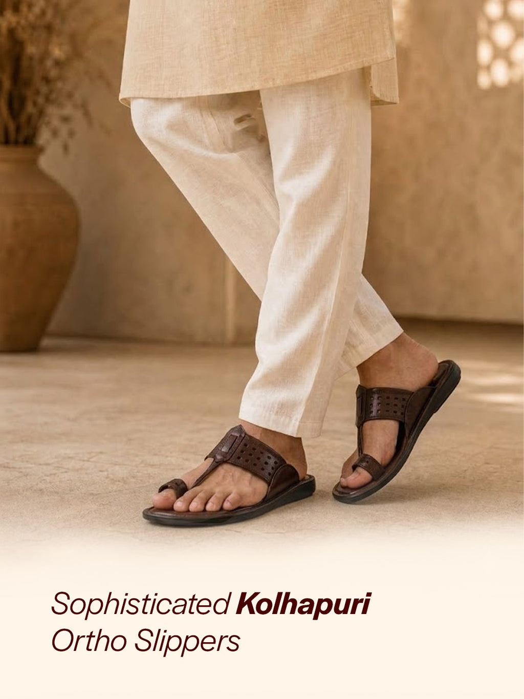 men brown casual outfit kolhapuri toe ring strap ortho slippers|memory cushioned footbed|ultra lightweight and comfort slip on slipper