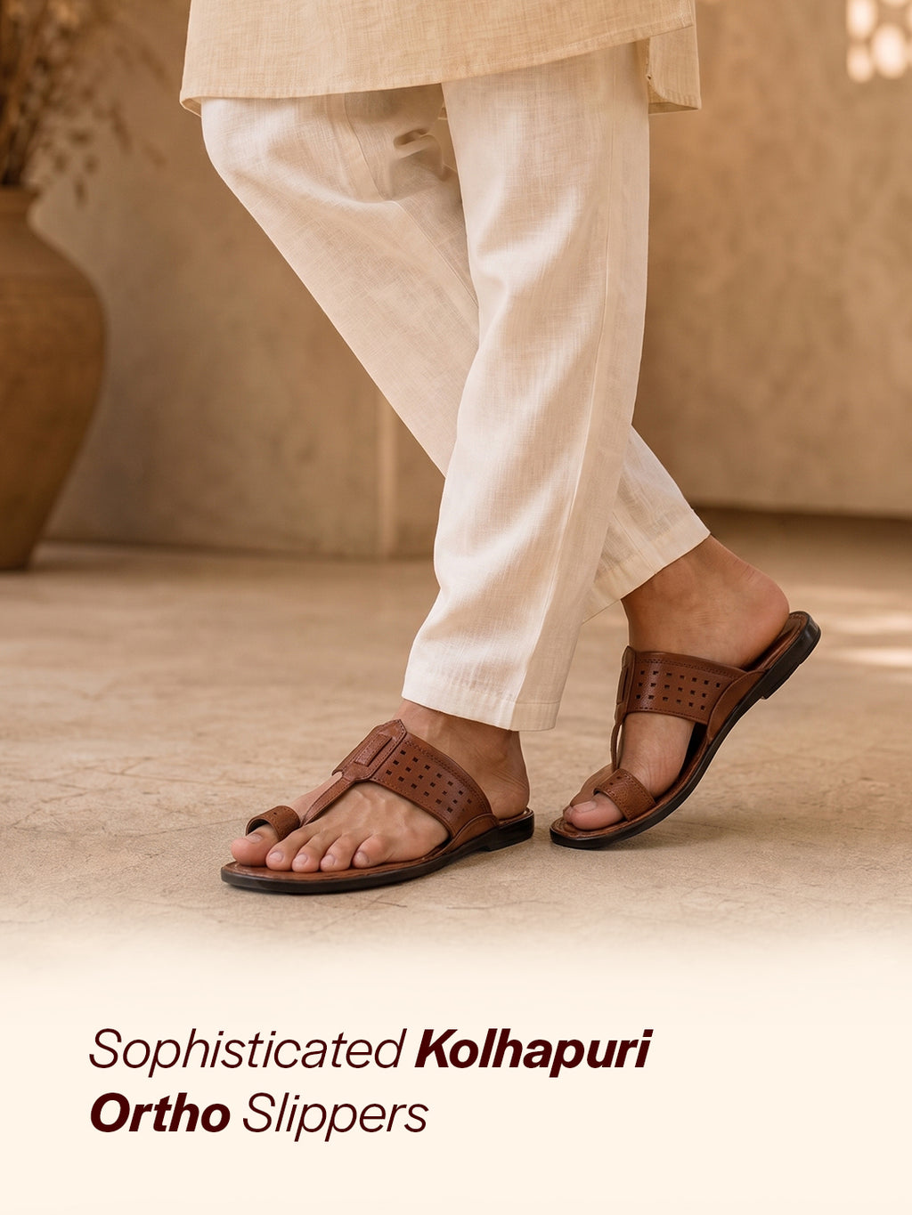 men tan casual outfit kolhapuri toe ring strap ortho slippers|memory cushioned footbed|ultra lightweight and comfort slip on slipper