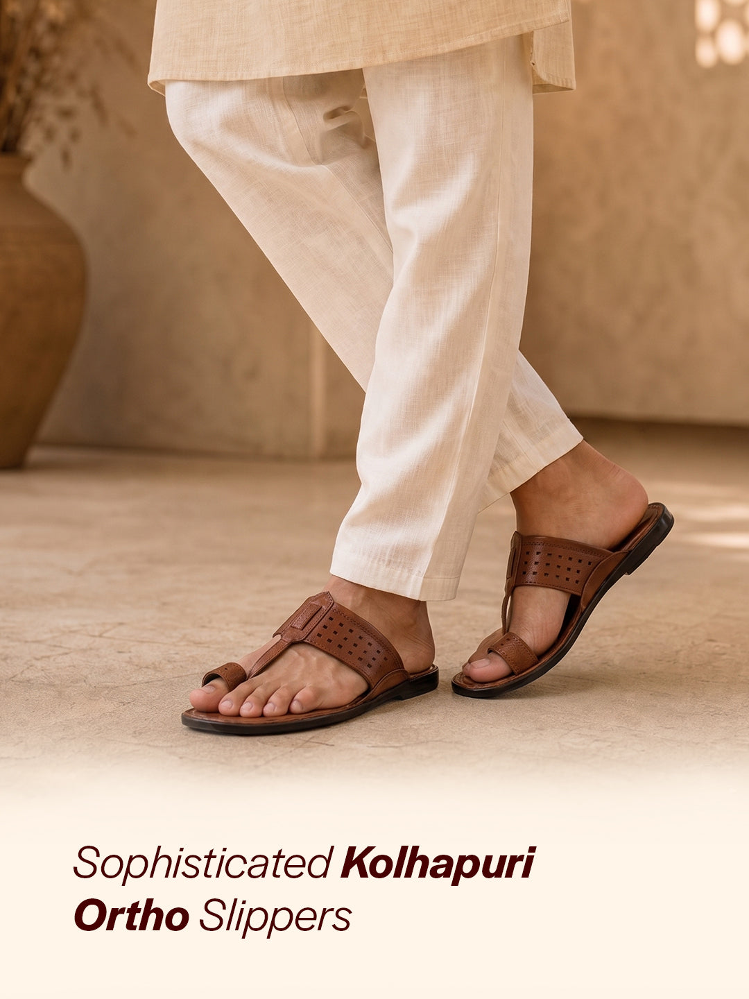 men tan casual outfit kolhapuri toe ring strap ortho slippers|memory cushioned footbed|ultra lightweight and comfort slip on slipper