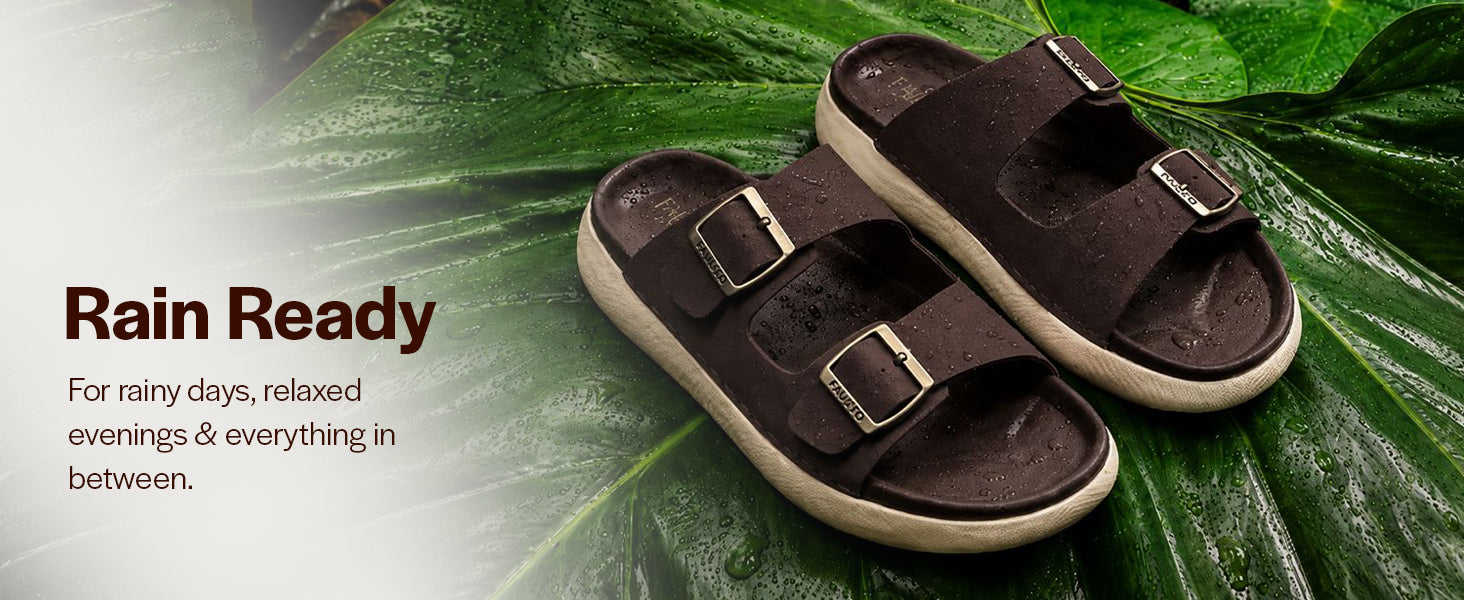 Men Black Open Toe Buckle Strap Stitched Waterproof Sandals|Soft Cushioned Insole|Summer Slip-On Slipper|Perfect For Monsoon Rainy Season