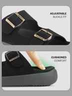 Men Black Open Toe Buckle Strap Stitched Waterproof Sandals|Soft Cushioned Insole|Summer Slip-On Slipper|Perfect For Monsoon Rainy Season