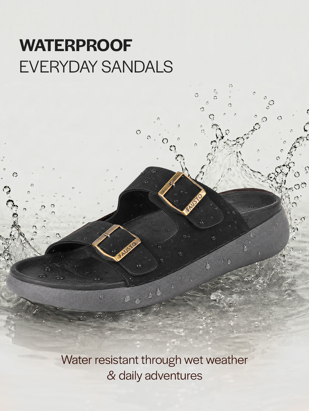 Men Black Open Toe Buckle Strap Stitched Waterproof Sandals|Soft Cushioned Insole|Summer Slip-On Slipper|Perfect For Monsoon Rainy Season