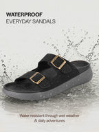 Men Black Open Toe Buckle Strap Stitched Waterproof Sandals|Soft Cushioned Insole|Summer Slip-On Slipper|Perfect For Monsoon Rainy Season