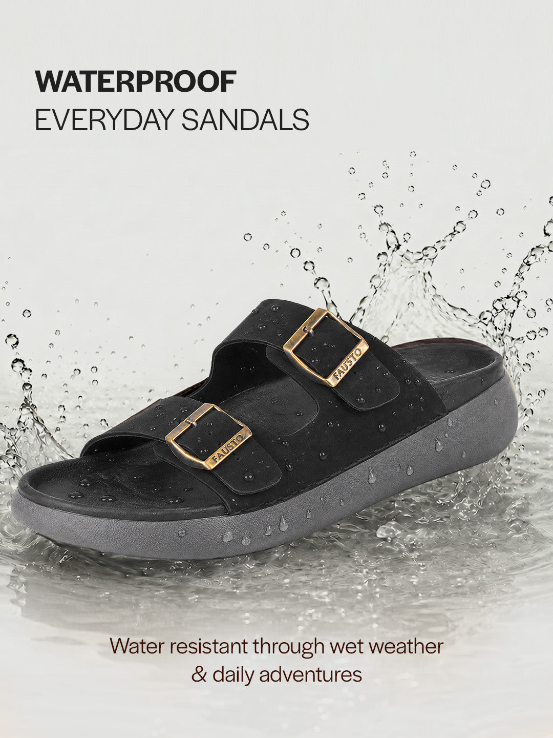 Men Black Open Toe Buckle Strap Stitched Waterproof Sandals|Soft Cushioned Insole|Summer Slip-On Slipper|Perfect For Monsoon Rainy Season