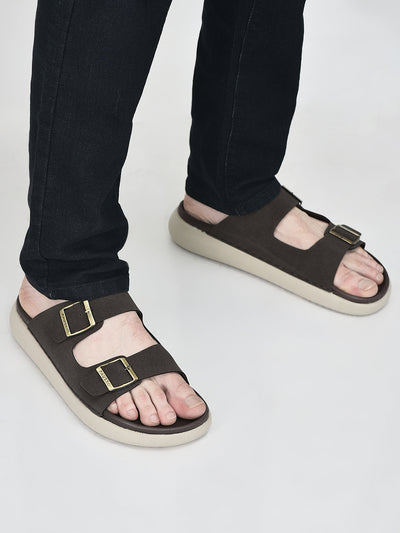 Men Brown Open Toe Buckle Strap Stitched Waterproof Sandals|Soft Cushioned Insole|Summer Slip-On Slipper|Perfect For Monsoon Rainy Season