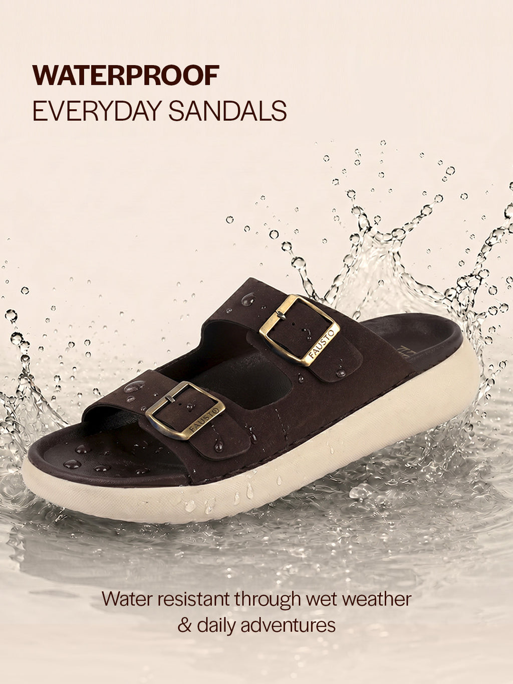 Men Brown Open Toe Buckle Strap Stitched Waterproof Sandals|Soft Cushioned Insole|Summer Slip-On Slipper|Perfect For Monsoon Rainy Season