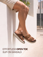 Men Tan Open Toe Buckle Strap Stitched Waterproof Sandals|Soft Cushioned Insole|Summer Slip-On Slipper|Perfect For Monsoon Rainy Season