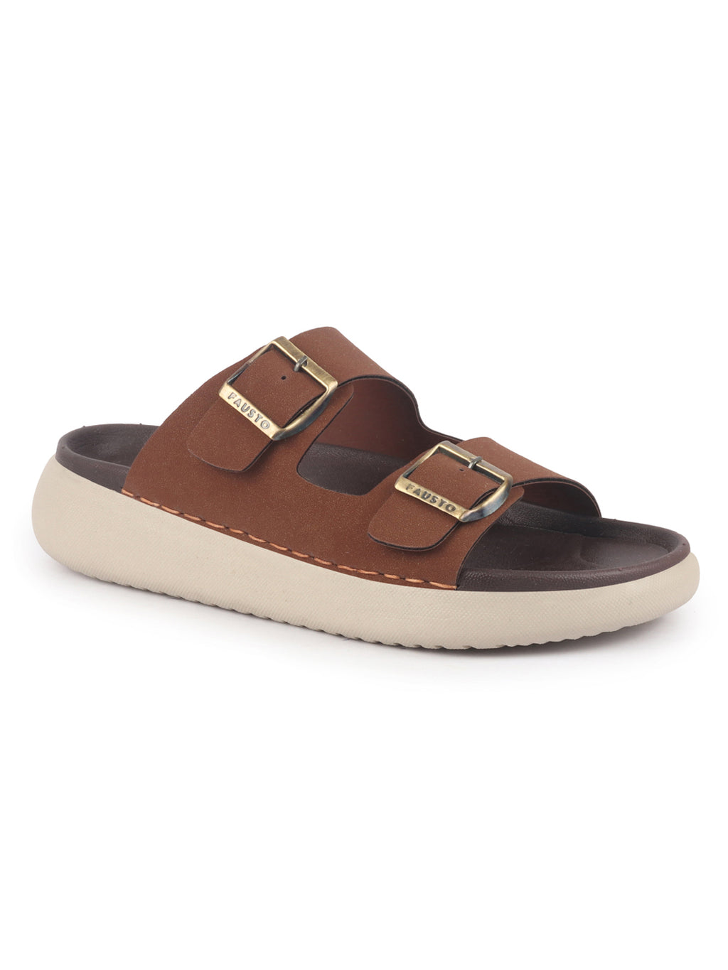Men Tan Open Toe Buckle Strap Stitched Waterproof Sandals|Soft Cushioned Insole|Summer Slip-On Slipper|Perfect For Monsoon Rainy Season