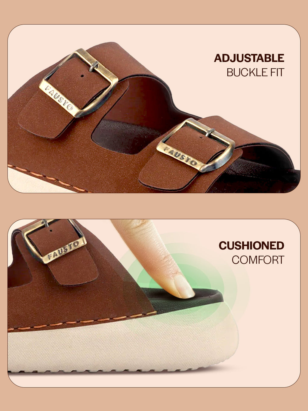 Men Tan Open Toe Buckle Strap Stitched Waterproof Sandals|Soft Cushioned Insole|Summer Slip-On Slipper|Perfect For Monsoon Rainy Season