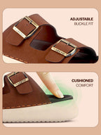 Men Tan Open Toe Buckle Strap Stitched Waterproof Sandals|Soft Cushioned Insole|Summer Slip-On Slipper|Perfect For Monsoon Rainy Season