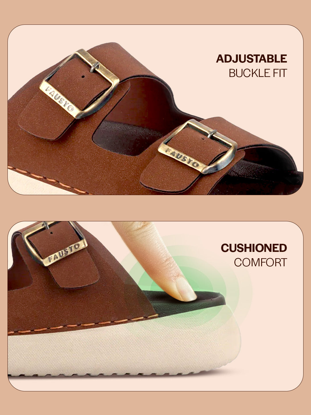 Men Tan Open Toe Buckle Strap Stitched Waterproof Sandals|Soft Cushioned Insole|Summer Slip-On Slipper|Perfect For Monsoon Rainy Season