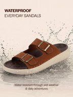 Men Tan Open Toe Buckle Strap Stitched Waterproof Sandals|Soft Cushioned Insole|Summer Slip-On Slipper|Perfect For Monsoon Rainy Season