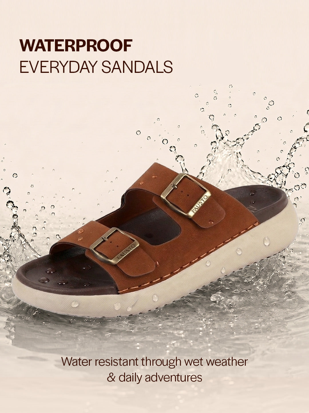 Men Tan Open Toe Buckle Strap Stitched Waterproof Sandals|Soft Cushioned Insole|Summer Slip-On Slipper|Perfect For Monsoon Rainy Season