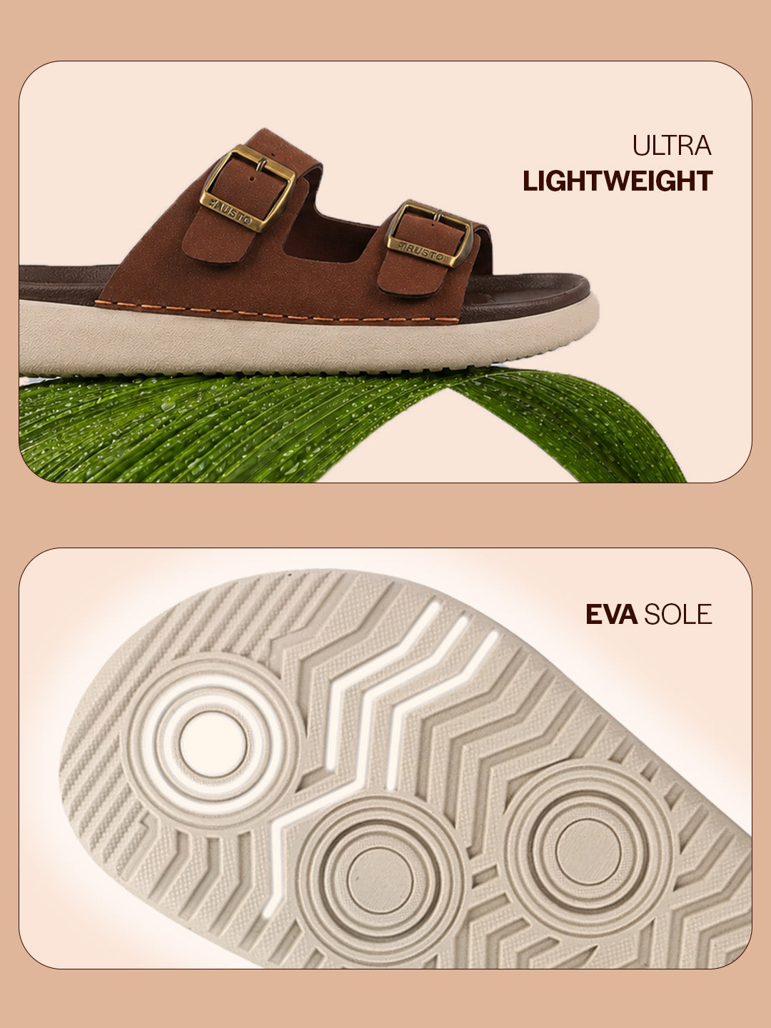 Men Tan Open Toe Buckle Strap Stitched Waterproof Sandals|Soft Cushioned Insole|Summer Slip-On Slipper|Perfect For Monsoon Rainy Season