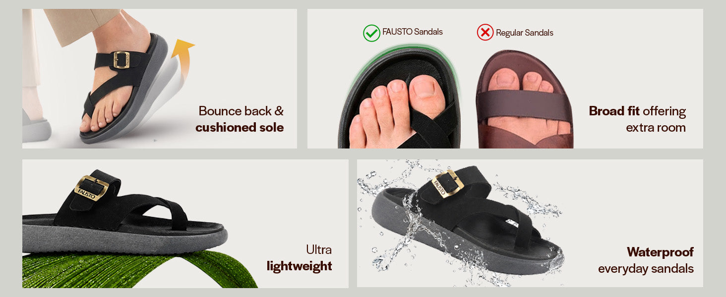 Men Black Toe Ring Criss Cross Buckle Strap Side Stitched Waterproof Summer Slip On Sandals|Comfort Sole|Lightweight Slippers for Rainy Monsoon Season