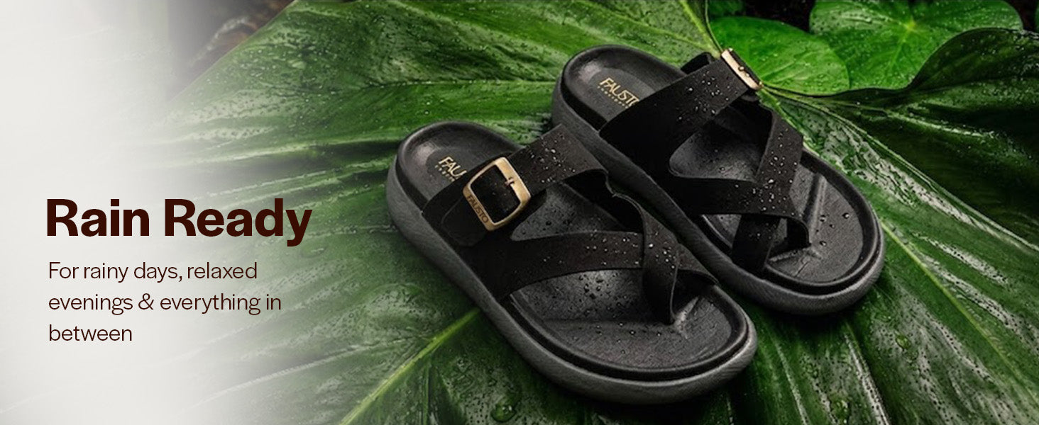 Men Black Toe Ring Criss Cross Buckle Strap Side Stitched Waterproof Summer Slip On Sandals|Comfort Sole|Lightweight Slippers for Rainy Monsoon Season