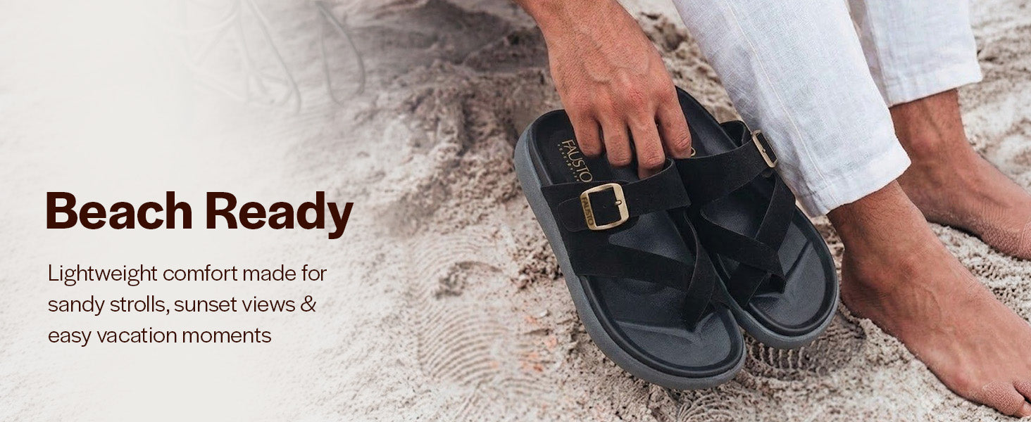Men Black Toe Ring Criss Cross Buckle Strap Side Stitched Waterproof Summer Slip On Sandals|Comfort Sole|Lightweight Slippers for Rainy Monsoon Season