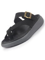 Men Black Toe Ring Criss Cross Buckle Strap Side Stitched Waterproof Summer Slip On Sandals|Comfort Sole|Lightweight Slippers for Rainy Monsoon Season