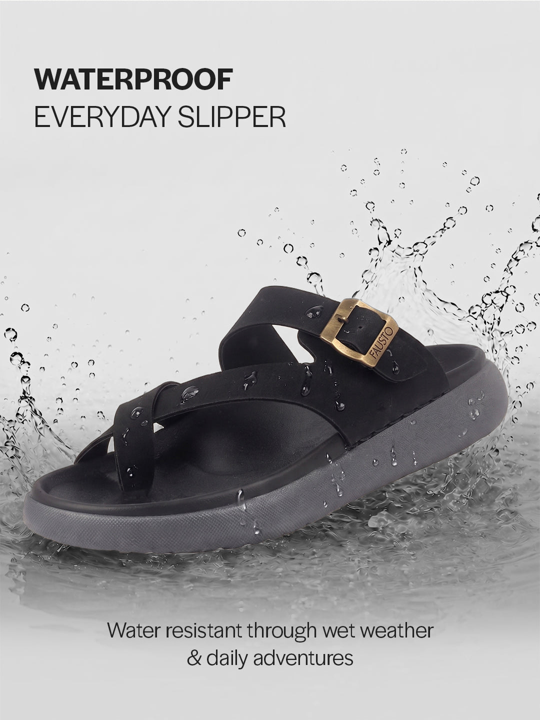 Men Black Toe Ring Criss Cross Buckle Strap Side Stitched Waterproof Summer Slip On Sandals|Comfort Sole|Lightweight Slippers for Rainy Monsoon Season