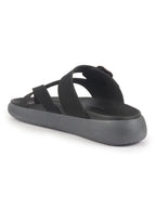 Men Black Toe Ring Criss Cross Buckle Strap Side Stitched Waterproof Summer Slip On Sandals|Comfort Sole|Lightweight Slippers for Rainy Monsoon Season