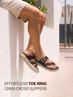 Men Brown Toe Ring Criss Cross Buckle Strap Side Stitched Waterproof Summer Slip On Sandals|Comfort Sole|Lightweight Slippers for Rainy Monsoon Season