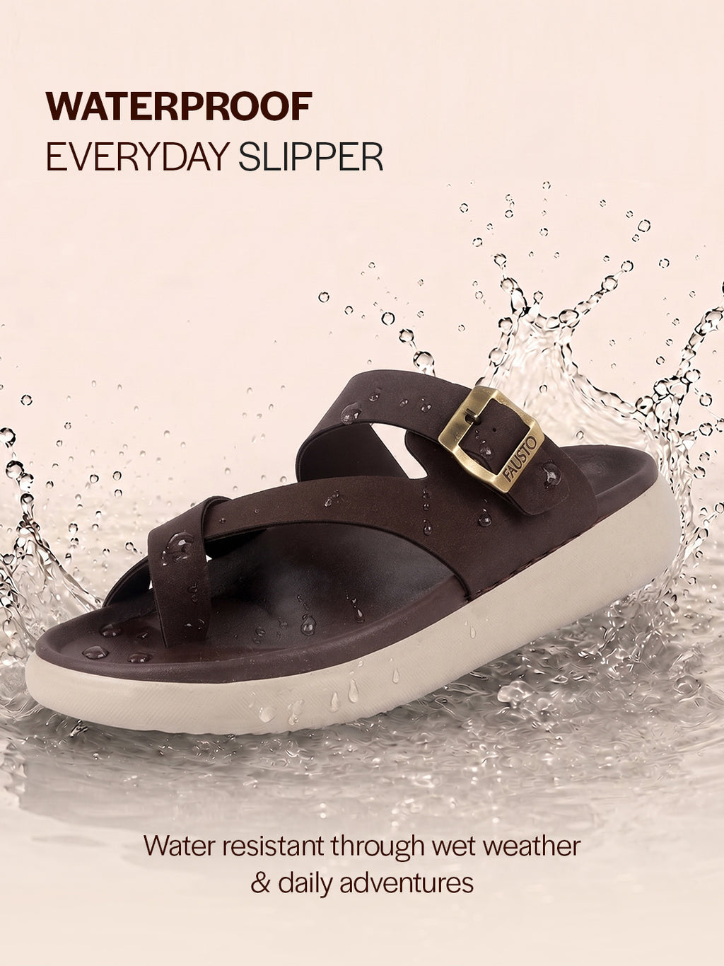 Men Brown Toe Ring Criss Cross Buckle Strap Side Stitched Waterproof Summer Slip On Sandals|Comfort Sole|Lightweight Slippers for Rainy Monsoon Season