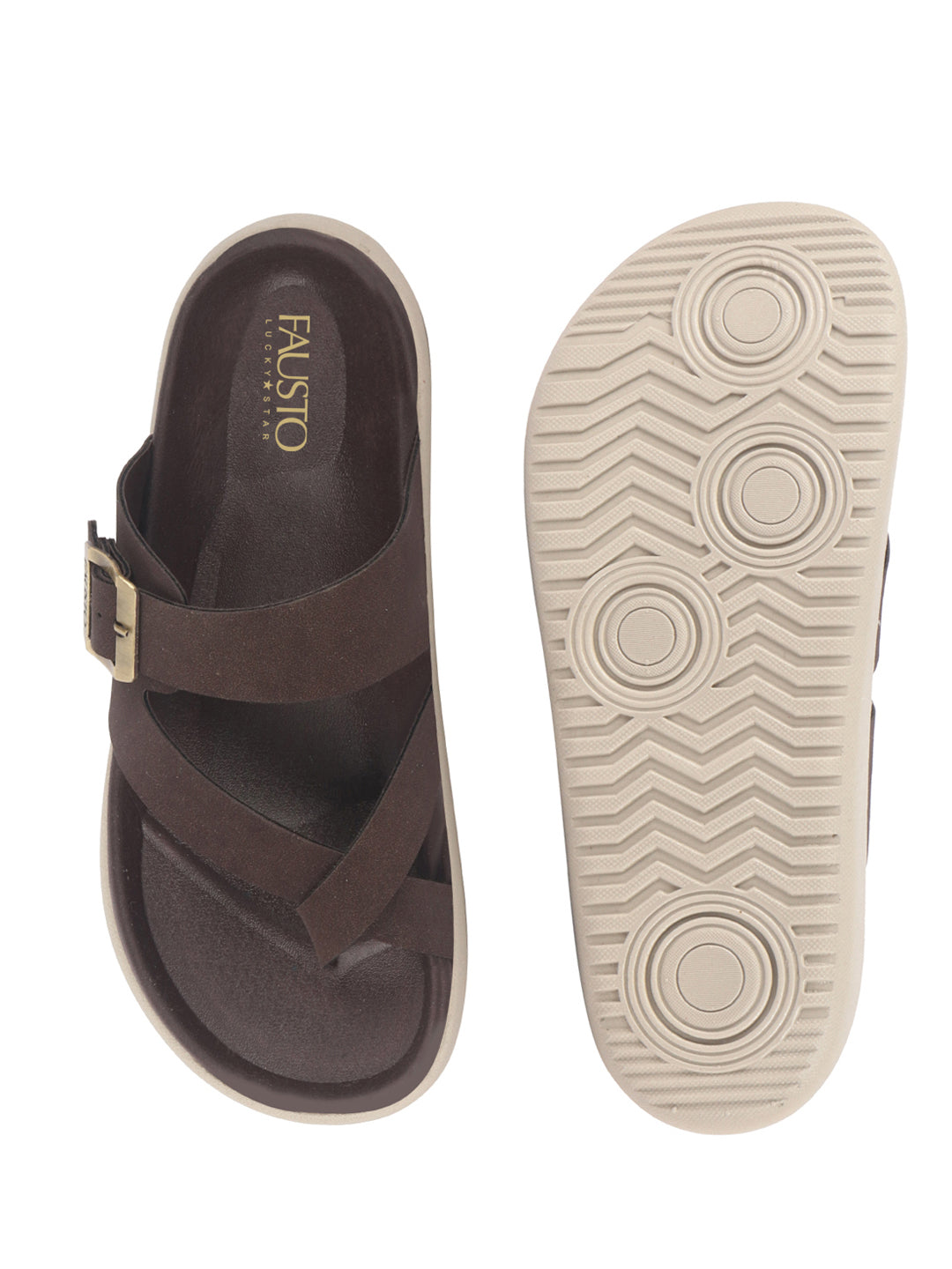 Men Brown Toe Ring Criss Cross Buckle Strap Side Stitched Waterproof Summer Slip On Sandals|Comfort Sole|Lightweight Slippers for Rainy Monsoon Season