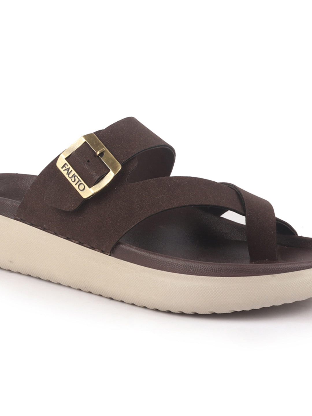 Men Brown Toe Ring Criss Cross Buckle Strap Side Stitched Waterproof Summer Slip On Sandals|Comfort Sole|Lightweight Slippers for Rainy Monsoon Season