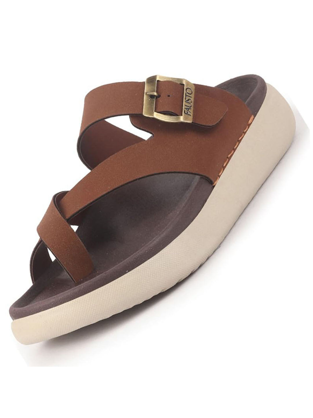 Men Tan Toe Ring Criss Cross Buckle Strap Side Stitched Waterproof Summer Slip On Sandals|Comfort Sole|Lightweight Slippers for Rainy Monsoon Season