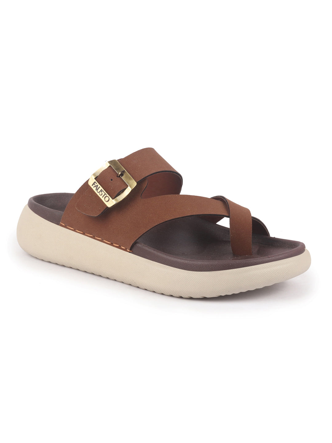 Men Tan Toe Ring Criss Cross Buckle Strap Side Stitched Waterproof Summer  Slip On Sandals|Comfort Sole|Lightweight Slippers for Rainy Monsoon Season