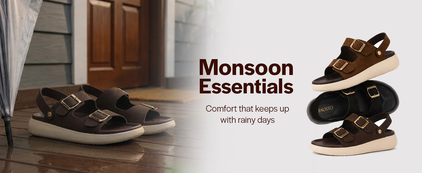 Men Tan Open Toe Double Adjustable Strap Stitched Waterproof Sandals with Back Support|Soft Cushioned Insole|Lightweight Summer Slip-On Slipper|Perfect For Monsoon Rainy Season