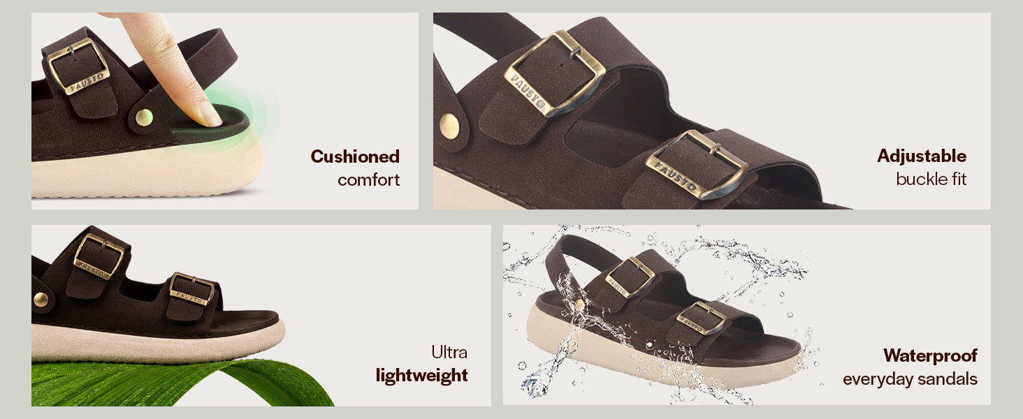 Men Tan Open Toe Double Adjustable Strap Stitched Waterproof Sandals with Back Support|Soft Cushioned Insole|Lightweight Summer Slip-On Slipper|Perfect For Monsoon Rainy Season