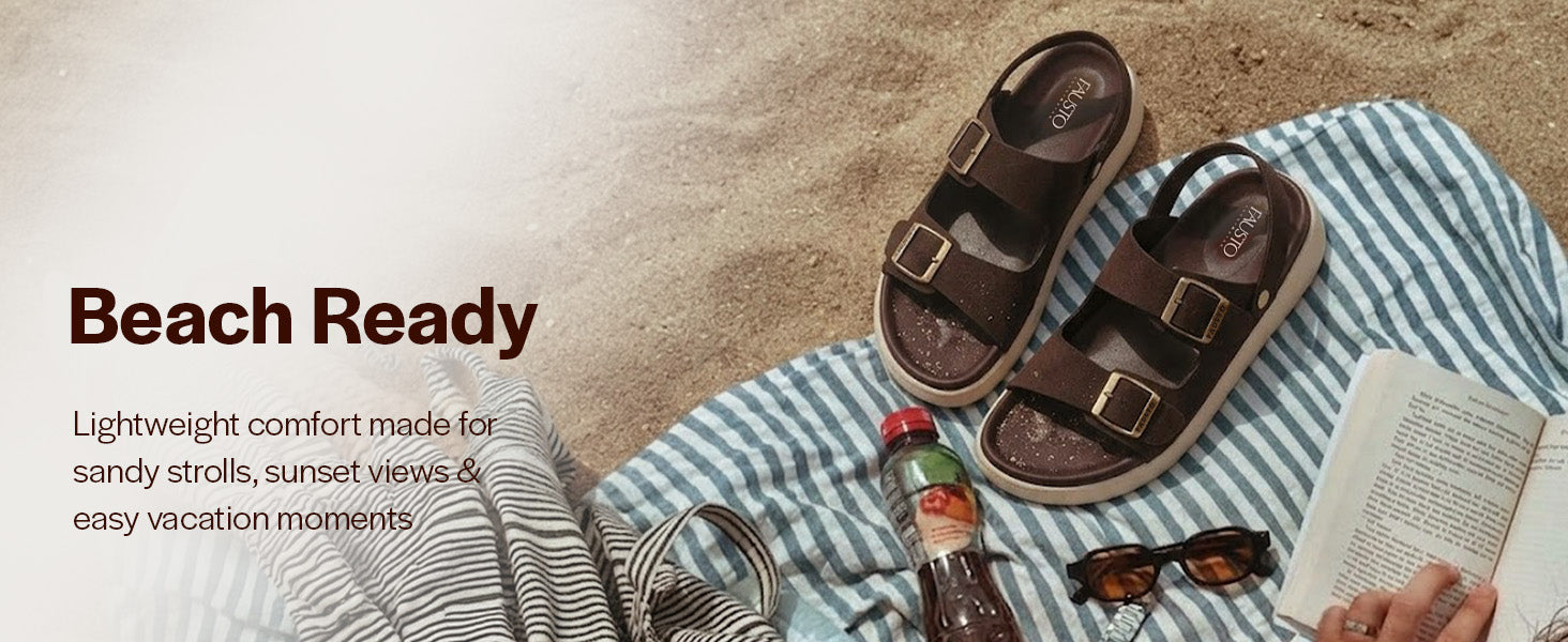 Men Tan Open Toe Double Adjustable Strap Stitched Waterproof Sandals with Back Support|Soft Cushioned Insole|Lightweight Summer Slip-On Slipper|Perfect For Monsoon Rainy Season