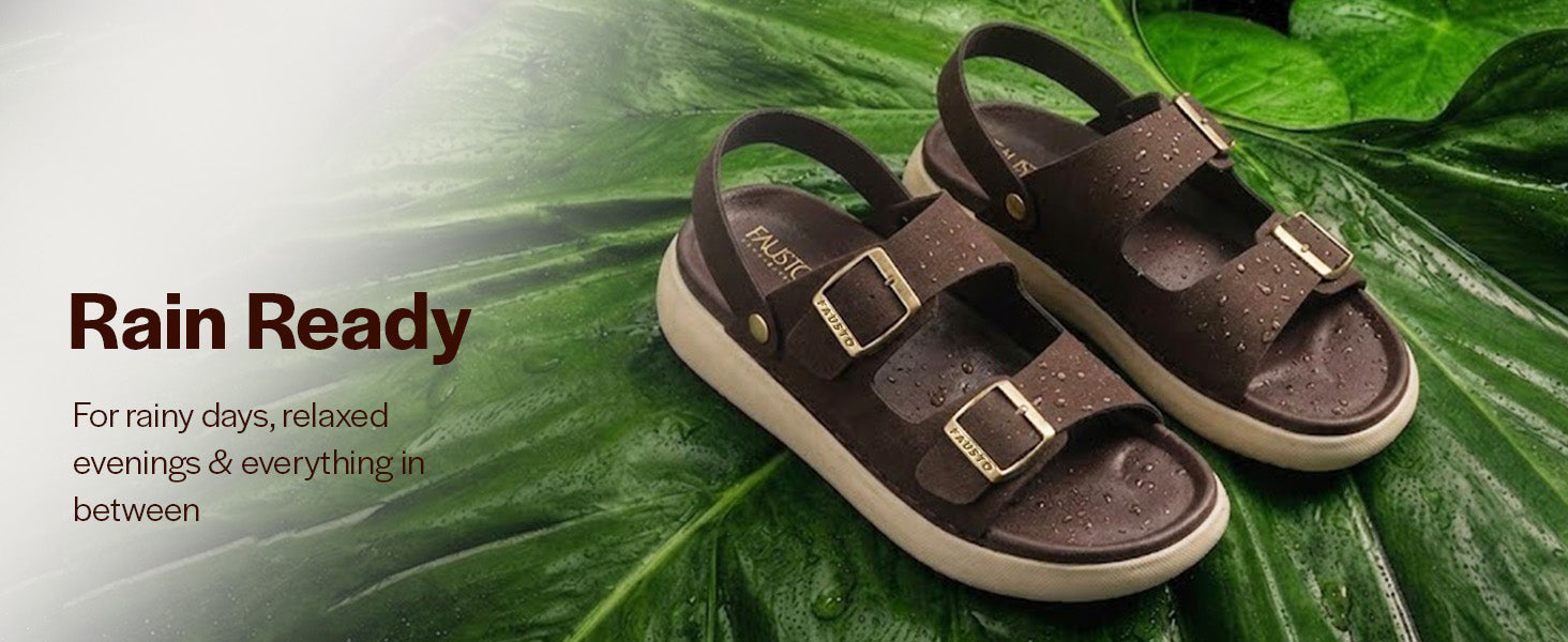 Men Tan Open Toe Double Adjustable Strap Stitched Waterproof Sandals with Back Support|Soft Cushioned Insole|Lightweight Summer Slip-On Slipper|Perfect For Monsoon Rainy Season