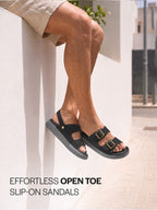 Men Black Open Toe Double Adjustable Strap Stitched Waterproof Sandals with Back Support|Soft Cushioned Insole|Lightweight Summer Slip-On Slipper|Perfect For Monsoon Rainy Season