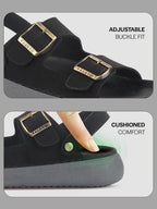 Men Black Open Toe Double Adjustable Strap Stitched Waterproof Sandals with Back Support|Soft Cushioned Insole|Lightweight Summer Slip-On Slipper|Perfect For Monsoon Rainy Season